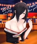  1girl 1grl 2022 azur_lane bare_shoulders black_hair black_kimono blurry blurry_background breasts brown_eyes cleavage collarbone dated english_commentary festival friedrich_der_grosse_(azur_lane) hair_over_one_eye happy_new_year highres japanese_clothes kimono lantern large_breasts long_hair luxe new_year off-shoulder_kimono solo twitter_username 