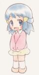  1girl bangs blue_eyes blue_hair blush_stickers collared_shirt commentary_request dawn_(pokemon) eyebrows_visible_through_hair full_body hair_ornament hairclip highres kabisuke kneehighs long_hair long_sleeves looking_at_viewer open_mouth orange_footwear pink_sweater pokemon pokemon_(anime) pokemon_dppt_(anime) shirt shoes sidelocks skirt smile solo standing sweater tongue white_legwear white_shirt yellow_skirt younger 