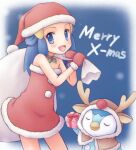 1girl :d absurdres alternate_costume bare_arms blue_eyes blue_hair blush box choker christmas commentary_request dawn_(pokemon) dress eyelashes gift gift_box hat highres holding holding_sack holly hood hood_up kabisuke long_hair looking_at_viewer merry_christmas open_mouth piplup pokemon pokemon_(anime) pokemon_(creature) pokemon_dppt_(anime) red_dress red_headwear red_mittens sack santa_hat smile strapless strapless_dress tongue 