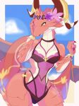  2021 absurd_res anthro breasts brunhilda_(dragalia_lost) claws clothed clothing cygames digital_media_(artwork) dragon female hi_res horn konayu_craft mammal nintendo red_body scalie smile solo swimwear video_games white_body wings 