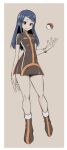  1girl alternate_costume blue_eyes blue_hair boots border braid closed_mouth commentary_request dawn_(pokemon) full_body highres kotoyama long_hair poke_ball pokemon pokemon_(game) pokemon_bdsp short_sleeves smile solo standing watch white_border 