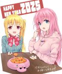  2025 2girls blonde_hair blue_eyes blue_sweater bocchi_the_rock! bow bowtie food fruit gotoh_hitori happy_new_year highres hood hooded_sweater ijichi_nijika long_hair mandarin_orange minosu multiple_girls pink_hair pink_sweater polka_dot_bowtie red_bow red_bowtie red_eyes side_ponytail smile sweater table upper_body white_background 