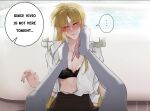  2girls bathroom bathtub black_bra black_skirt blonde_hair blush bra commentary eyebrows_hidden_by_hair fate_testarossa female_pov heart heart-shaped_pupils highres kaichan2536 long_hair lyrical_nanoha mahou_shoujo_lyrical_nanoha_strikers mahou_shoujo_lyrical_nanoha_vivid multiple_girls naughty_face panties pantyhose pink_panties pov red_eyes shirt skirt speech_bubble symbol-shaped_pupils takamachi_nanoha thighhighs tsab_executive_military_uniform underwear white_shirt white_thighhighs yuri 