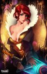  1girl bare_shoulders blue_eyes breasts cleavage curly_hair eyebrows feather_collar head_tilt high_collar highres holding holding_weapon jacket lips looking_at_viewer medium_breasts medium_hair no_bra off_shoulder parted_lips photoshop_(medium) red_(transistor) red_hair revision short_hair solo the_transistor transistor_(game) tsuaii watermark weapon web_address 