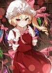  1girl absurdres back_bow blush bow bow_on_wing bowtie candy chocolate chocolate_bar closed_mouth commentary cowboy_shot crystal crystal_wings earrings flandre_scarlet food food-themed_background frilled_cuffs frilled_shirt_collar frilled_skirt frills hair_bow hands_up hat hat_bow heart heart_earrings highres jewelry light_particles long_hair looking_at_viewer maruta_(shummylass) mob_cap pink_bow pink_bowtie pink_ribbon puffy_short_sleeves puffy_sleeves red_bow red_eyes red_nails red_skirt red_vest ribbon shirt short_hair short_sleeves skirt skirt_set sleeve_bow smile solo touhou vest white_hat white_shirt wing_ribbon wings wrist_cuffs 