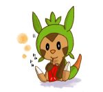  1other ambiguous_gender black_sclera chespin colored_sclera commentary_request eating food lowres partial_commentary pocky pocky_day pokemon simple_background siraitokiko sitting solo sound_effects translation_request white_background white_eyes 