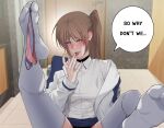  1girl bathroom blush brown_hair door female_pov finger_in_own_mouth heart heart-shaped_pupils highres implied_yuri jacket kaichan2536 long_hair lyrical_nanoha mahou_shoujo_lyrical_nanoha_strikers mahou_shoujo_lyrical_nanoha_vivid naughty_face panties pink_panties pov shirt skirt speech_bubble symbol-shaped_pupils takamachi_nanoha thighhighs underwear white_jacket white_shirt white_thighhighs 