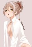  1girl artist_name breasts brown_hair cleavage collared_shirt commentary dated_commentary eyebrows_visible_through_hair grey_background hair_bun large_breasts light_blush long_sleeves looking_at_viewer naked_shirt open_clothes open_mouth open_shirt original shirt simple_background skeptycally solo upper_body white_shirt yellow_eyes 