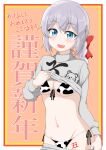  1girl absurdres akeome animal_print background_text bangs bikini bikini_under_clothes blue_eyes blush border breasts chinese_zodiac cleavage clothes_lift clothes_pull commentary_request cow_print eyebrows_visible_through_hair fang grey_hair grey_shirt groin hair_ribbon happy_new_year highres ikuno_(ramaki4kan) lifted_by_self long_sleeves looking_at_viewer medium_breasts new_year open_mouth orange_background original outside_border print_bikini pulled_by_self red_border red_ribbon ribbon shirt shirt_lift side-tie_bikini skin_fang smile solo standing string_bikini swimsuit translated turtleneck white_bikini year_of_the_ox yellow_border 