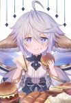  1girl ahoge animal_ears baguette baozi blue_eyes bread burger chewing eating food food_on_face granblue_fantasy grey_hair hair_between_eyes highres jiman sandwich solo wamdus_(granblue_fantasy) white_background wide_sleeves 