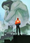  2boys arms_behind_back beard black_gloves black_hair black_pants building chinese_commentary city closed_eyes commentary_request completely_nude disco_elysium facial_hair facing_away fetal_position giant giant_male gloves harry_du_bois highres jacket kim_kitsuragi male_focus multiple_boys nandesu03 nude orange_jacket outdoors pants short_hair size_difference standing 