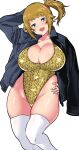 1girl absurdres aiuti black_jacket blue_eyes border breasts brown_hair casual_one-piece_swimsuit cleavage commentary_request feet_out_of_frame gold_one-piece_swimsuit gundam gundam_build_fighters gundam_build_fighters_try hand_on_own_hip highleg highleg_one-piece_swimsuit highres hoshino_fumina jacket large_breasts looking_at_viewer one-piece_swimsuit open_clothes open_jacket outside_border ponytail simple_background snake_print solo swimsuit thighhighs white_background white_thighhighs 
