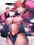  1girl :o breasts covered_nipples cropped_legs curvy fumio_(rsqkr) highres jacket large_breasts leotard looking_at_viewer nipples pink_jacket poke_ball pokemon pokemon_(game) pokemon_gsc red_eyes red_hair short_hair simple_background solo solo_focus thick_thighs thighs twintails whitney_(pokemon) wide_hips 