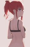  1girl artist_name back backlighting bare_arms black_bra bra closed_mouth commentary dated_commentary from_behind long_hair original ponytail profile purple_eyes red_hair skeptycally solo underwear upper_body 