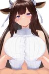  1boy 1girl animal_ears azur_lane bangs bare_shoulders blush breasts brown_hair censored clothed_female_nude_male clothed_sex cow_ears cow_girl cow_horns criss-cross_halter erection eyebrows hair_ornament hair_ribbon halterneck highres horns huge_breasts kashino_(azur_lane) long_hair looking_at_viewer nude open_mouth paizuri paizuri_under_clothes pen_(pen3) penis purple_eyes ribbon simple_background sleeveless sleeveless_turtleneck solo solo_focus sweater turtleneck turtleneck_sweater 