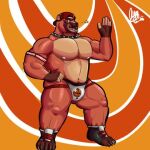  anthro brown_body bulge canid canine clothing hat headgear headwear jockstrap kofu_grizzly_chubby low_res male mammal raccoon_dog solo tanuki underwear ursid 