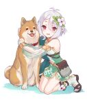  1girl akita_inu antenna_hair detached_sleeves dog dress flower full_body green_dress hair_flower hair_ornament highres hug kneeling kokkoro_(princess_connect!) looking_at_viewer masami_(souzou_jinsei_sanka) official_style open_mouth pointy_ears princess_connect! purple_eyes simple_background solo white_background white_hair 