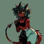  anthro black_hair breasts clothed clothing demon female glowstickcyborg hair helluva_boss hi_res imp millie_(helluva_boss) multicolored_hair open_mouth open_smile red_body redesign simple_background smile solo tattoo teeth two_tone_hair white_hair yellow_eyes 