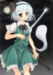  1girl bangs black_bow black_bowtie black_hairband black_ribbon blunt_bangs blush bob_cut bow bowtie breasts collared_shirt commentary_request cookie_(touhou) eska_(cookie) eyebrows_visible_through_hair feet_out_of_frame frilled_skirt frills full_moon glint green_skirt green_vest grey_eyes hair_ribbon hairband highres holding holding_sword holding_weapon katana konpaku_youmu konpaku_youmu_(ghost) looking_at_viewer moon open_mouth ribbon scabbard sheath shirt short_hair short_sleeves skirt skirt_set small_breasts smile solo sword szk touhou vest weapon white_hair white_shirt 