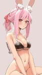  1girl animal_ear_fluff animal_ears arms_between_legs artist_name bare_arms bikini black_bikini bottomless breasts cleavage closed_mouth collarbone commentary dated_commentary eyebrows_visible_through_hair grey_background hair_ribbon large_breasts long_hair navel original pink_hair pink_ribbon ponytail rabbit_ears red_eyes ribbon sidelocks simple_background sitting skeptycally solo swimsuit upper_body 