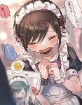  1boy 1girl absurdres age_difference apologizing apron commentary_request crossdressing emoticon fingernails highres maid maid_apron maid_headdress male_focus open_mouth original otoko_no_ko picture_(object) skirt solo_focus translation_request umibatari 