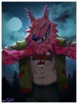 2024 3:4 alebrije an_icyhot andy_fangerson anthro artist_name border bottomwear canid canine canis clothing cloud denim denim_bottomwear denim_clothing detailed_background epic_games forest fortnite full_moon fur hi_res jacket jeans letterman_jacket male mammal moon night outside pants pink_body pink_fur plant ruff signature sky smile solo star starry_sky teeth topwear tree white_border wolf