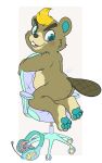  animal_crossing anthro beaver blonde_hair blue_eyes blush body_hair butt butt_hair c.j._(animal_crossing) eyebrows hair headphones hi_res looking_back male mammal nintendo nude pawpads rodent solo swivel_chair tbid thick_eyebrows video_games 