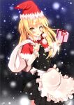  1girl apron bangs black_skirt black_vest blonde_hair blush bow braid brown_eyes buttons commentary_request cookie_(touhou) cowboy_shot eyebrows_visible_through_hair frilled_apron frills gift hair_bow hat highres holding holding_gift holding_sack kirisame_marisa long_hair looking_at_viewer open_mouth sack santa_hat side_braid single_braid skirt smile snow snowing solo szk touhou uzuki_(cookie) vest waist_apron white_apron white_bow 