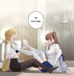  2girls absurdres assertive_female black_bra black_skirt blonde_hair blue_skirt blush bra brown_hair collared_shirt commentary fate_testarossa finger_to_own_chin highres kaichan2536 long_hair lyrical_nanoha mahou_shoujo_lyrical_nanoha_strikers mahou_shoujo_lyrical_nanoha_vivid multiple_girls naughty_face panties panties_around_one_leg pantyhose pink_panties shirt shower_head skirt speech_bubble takamachi_nanoha thighhighs tsab_air_military_uniform tsab_executive_military_uniform underwear very_long_hair white_shirt white_thighhighs yuri zettai_ryouiki 