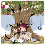  3girls ^_^ ^o^ against_tree album_cover album_name alternate_costume animal_ear_fluff animal_ears arm_support arm_up bangs bare_arms bare_shoulders barefoot bell black_bow black_ribbon blue_sailor_collar blue_shorts blunt_bangs border bow braid brown_hair cat_ears cat_girl cat_tail chen closed_eyes cover dappled_sunlight day dress elbow_rest english_text extra_ears eyebrows_visible_through_hair facing_viewer finger_to_mouth frilled_sleeves frills from_side full_body goutokuji_mike grass green_headwear grin hair_bow hand_to_own_mouth hand_up hat head_tilt highres hitodama index_finger_raised jingle_bell kaenbyou_rin lap_pillow long_hair looking_at_viewer low_twintails lying matching_outfit mob_cap multiple_girls multiple_tails neck_ribbon nekomata no_nose no_pupils on_grass on_ground on_side one_eye_closed open_mouth outdoors pointy_ears puffy_short_sleeves puffy_shorts puffy_sleeves purple_eyes red_hair ribbon rounded_corners sailor_collar sailor_dress shirt short_hair short_sleeves shorts shushing single_tear sitting skull sleeping sleepy sleeveless sleeveless_dress smile sunlight tail tail_raised touhou trait_connection tree tree_shade twin_braids twintails two_tails u_u under_tree white_border white_dress white_hair white_shirt yawning yokozuwari yukihi 