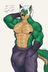  2022 anthro balls big_balls big_bulge big_penis bulge canid canine clothed clothing dialogue dipstick_ears dragon english_text fox fur genitals gloves_(marking) green_body green_eyes green_fur hair hand_in_pocket hi_res huge_bulge hybrid jin_(jindragowolf) jindragowolf legwear male mammal markings multicolored_ears muscular nipples penis pockets scalie simple_background solo text topless 