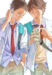  2boys brown_eyes brown_hair brown_pants brown_sweater_vest checkered_clothes checkered_pants closed_mouth collared_shirt earphones haikyuu!! hand_in_pocket holding holding_magazine iwaizumi_hajime jacket magazine_(object) male_focus multiple_boys necktie nnaa0_o oikawa_tooru_(haikyuu!!) open_mouth pants pointing_at_object purple_shirt red_necktie school_uniform shirt short_hair simple_background spiked_hair sweater_vest upper_body white_background white_jacket 