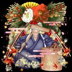  1boy absurdres amatsumara_(housamo) bara beard egasumi facial_hair flower goatee hakama hand_fan haori highres japanese_clothes kidomh63 kimono kine long_sideburns looking_at_viewer male_focus mallet mature_male muscular muscular_male old old_man open_mouth pectoral_cleavage pectorals scar scar_across_eye scar_on_face shimekazari short_hair sideburns simple_background smile solo teeth tokyo_afterschool_summoners 