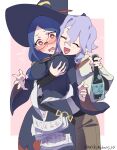  2girls arikindows10 blue_hair blush bottle breast_grab breasts closed_eyes couple croix_meridies drunk glasses grabbing groping happy hat large_breasts little_witch_academia long_hair medium_hair multiple_girls open_mouth paper purple_hair red_eyes smile surprised twitter_username ursula_charistes witch witch_hat yuri 