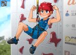  +_+ 1boy climbing climbing_wall closed_mouth commentary_request harness kaminosaki looking_at_viewer male_focus morning muscular muscular_male original outdoors red_hair shoes shorts 