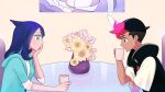  1boy 1girl black_hair black_hat black_vest blue_eyes closed_mouth commentary_request cowlick cup drinking eyelashes green_jacket hair_ornament hairclip hand_up hat head_rest holding holding_cup hood hood_down hooded_jacket jacket liko_(pokemon) mug multicolored_hair pink_hair plant pokemon pokemon_(anime) pokemon_horizons potted_plant rei_hinketsu roy_(pokemon) shirt short_hair short_sleeves sitting table two-tone_hair vase vest white_shirt 