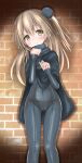  1girl bangs black_bodysuit black_cape blush bodysuit brick_wall bun_cover cape closed_mouth commentary_request covered_navel girls_und_panzer groin hair_bun head_tilt highres langley1000 light_brown_eyes light_brown_hair long_sleeves looking_at_viewer one_side_up partial_commentary shimada_arisu side_bun smile solo spotlight standing 