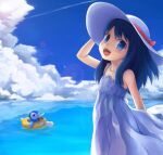  1girl :d arm_up bangs bare_arms blue_eyes blue_hair blush cloud commentary_request dawn_(pokemon) day dress hat highres innertube kabisuke long_hair looking_at_viewer open_mouth outdoors piplup pokemon pokemon_(anime) pokemon_(creature) pokemon_dppt_(anime) psyduck sky sleeveless sleeveless_dress smile sun_hat sundress teeth themed_object tongue upper_teeth water 