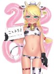  1girl 2021 absurdres animal_collar animal_ears animal_print aqua_eyes bangs bell bikini bikini_pull black_gloves blonde_hair blush braid chinese_zodiac clothes_pull collar commentary cow_ears cow_horns cow_print cow_tail cowboy_shot ear_tag fake_animal_ears fake_horns fake_tail flat_chest gimp_(medium) glasses gloves grey-framed_eyewear hair_bobbles hair_ornament half-closed_eyes halterneck heart highres holding holding_sign horns kotoyoro long_hair looking_at_viewer low_twintails nanja navel neck_bell new_year original print_bikini print_legwear pulled_by_self red_collar sign single_thighhigh skindentation solo standing stitched swimsuit tail thigh_strap thighhighs third-party_edit translated twin_braids twintails white_background white_bikini white_legwear year_of_the_ox 