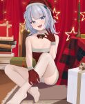  absurdres bell blue_eyes book bow candle christmas christmas_ornaments fangs feet gawr_gura gift gloves hat highres hololive hololive_english neck_bell pale_skin quatthro sitting smile thighhighs virtual_youtuber 