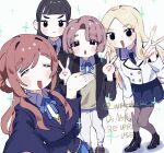  4girls ^_^ amaya_tsubame arimura_mao black_hair black_jacket blazer blonde_hair blue_jacket blue_overskirt blue_skirt blush brown_hair closed_eyes commentary double_v gakuen_idolmaster hatsuboshi_gakuen_school_uniform highres himesaki_rinami idolmaster jacket juo_sena mole mole_under_eye multiple_girls pink_hair school_uniform selfie simple_background skirt smile sparkle twitter_username v warokeru watermark white_background white_jacket 
