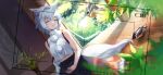  1girl animal_ear_fluff animal_ears battery_indicator bird bird_request black_skirt closed_eyes commentary_request detached_sleeves frilled_skirt frills game_cg inubashiri_momiji kure~pu leaf_print maple_leaf_print multicolored_clothes multicolored_skirt no_headwear official_art open_mouth pom_pom_(clothes) red_skirt shirt single_detached_sleeve sitting skirt sleeping sleeveless sleeveless_shirt solo tail third-party_source touhou touhou_gensou_eclipse vase viewfinder white_hair white_shirt wolf_ears wolf_girl wolf_tail 