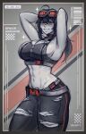  1girl abs ahoge artist_name bare_shoulders black_hair blush breasts choker cleavage crop_top dated english_text goggles goggles_on_head grace_howard highres iahfy large_breasts long_hair looking_at_viewer midriff navel orange_eyes pants sideboob smile sparkle sports_bra sweat sweaty_armpits thick_thighs thighs torn_clothes torn_pants zenless_zone_zero zipper_top 