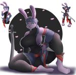  anthro big_breasts breasts clothed clothing female female/female kunai lagomorph leporid looking_at_viewer mammal ninja photolol.03 rabbit simple_background sitting solo thick_thighs warrior weapon 