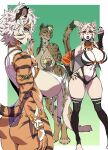  anthro big_breasts breasts butt cheetah choker clothing felid feline female group hi_res jeej_oh jewelry legwear mammal necklace open_mouth pantherine paws smug tassels thigh_highs tiger 
