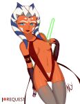  accessory ahsoka_tano alien alien_humanoid areola arm_warmers armband armwear bikini blue_eyes blue_hair bodily_fluids breasts clone_wars clothed clothed_female clothing dzyer facial_markings female footwear genital_fluids green_lightsaber hair hair_accessory happy head_markings hi_res holding_object holding_sword holding_weapon horn humanoid legwear lightsaber lipstick looking_at_viewer makeup markings melee_weapon nipple_outline nipple_piercing nipples orange_body orange_skin piercing pseudo_hair pussy_juice red_clothing red_lipstick simple_background sling_bikini small_breasts smile socks solo star_wars stockings swimwear sword teenager tentacle_hair tentacles thigh_gap thigh_highs togruta weapon wet white_background young 