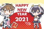  2021 2girls alternate_costume angry animal_costume animal_ears animal_print arms_at_sides bangs bare_shoulders bell belt bikini bikini_top bird_tail blush brown_hair chibi chinese_zodiac collar cow_costume cow_hood cow_print cowbell czechoslovakian_wolfdog_(kemono_friends)_(kitsunetsuki_itsuki) elbow_gloves embarrassed eyebrows_visible_through_hair fake_horns flat_chest full_body fur_collar gloves grey_hair hair_between_eyes happy_new_year head_tilt head_wings height_difference holding holding_sign hood hood_up horns japanese_wagtail_(kemono_friends)_(kitsunetsuki_itsuki) kemono_friends kitsunetsuki_itsuki looking_at_another looking_at_viewer medium_hair miniskirt multicolored_hair multiple_girls navel new_year open_mouth original parted_bangs parted_lips print_bikini print_gloves print_legwear red_eyes sign skirt smile standing stomach swimsuit tail thighhighs v-shaped_eyebrows wolf_ears wolf_girl wolf_tail year_of_the_ox zettai_ryouiki 