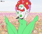 anthro elemental_creature female flora_fauna florges fours_(artist) gesture green_nipples hair hi_res looking_at_viewer nintendo nipples plant pok&eacute;mon pok&eacute;mon_(species) red_hair solo v_sign video_games white_body white_skin 