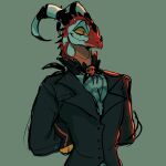  anthro blitzo_(helluva_boss) clothed clothing demon fangs glowstickcyborg helluva_boss hi_res horn imp male mature_male multicolored_body red_body red_eyes redesign simple_background smile solo two_tone_body white_body 