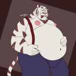  anthro bite bottomwear bulge clothing felid groping_self hi_res holding_belly looking_at_viewer male mammal obese obese_male overweight overweight_male pantherine pants rionmaro solo suspenders tiger tongue tongue_bite yun_(rionmaro) 